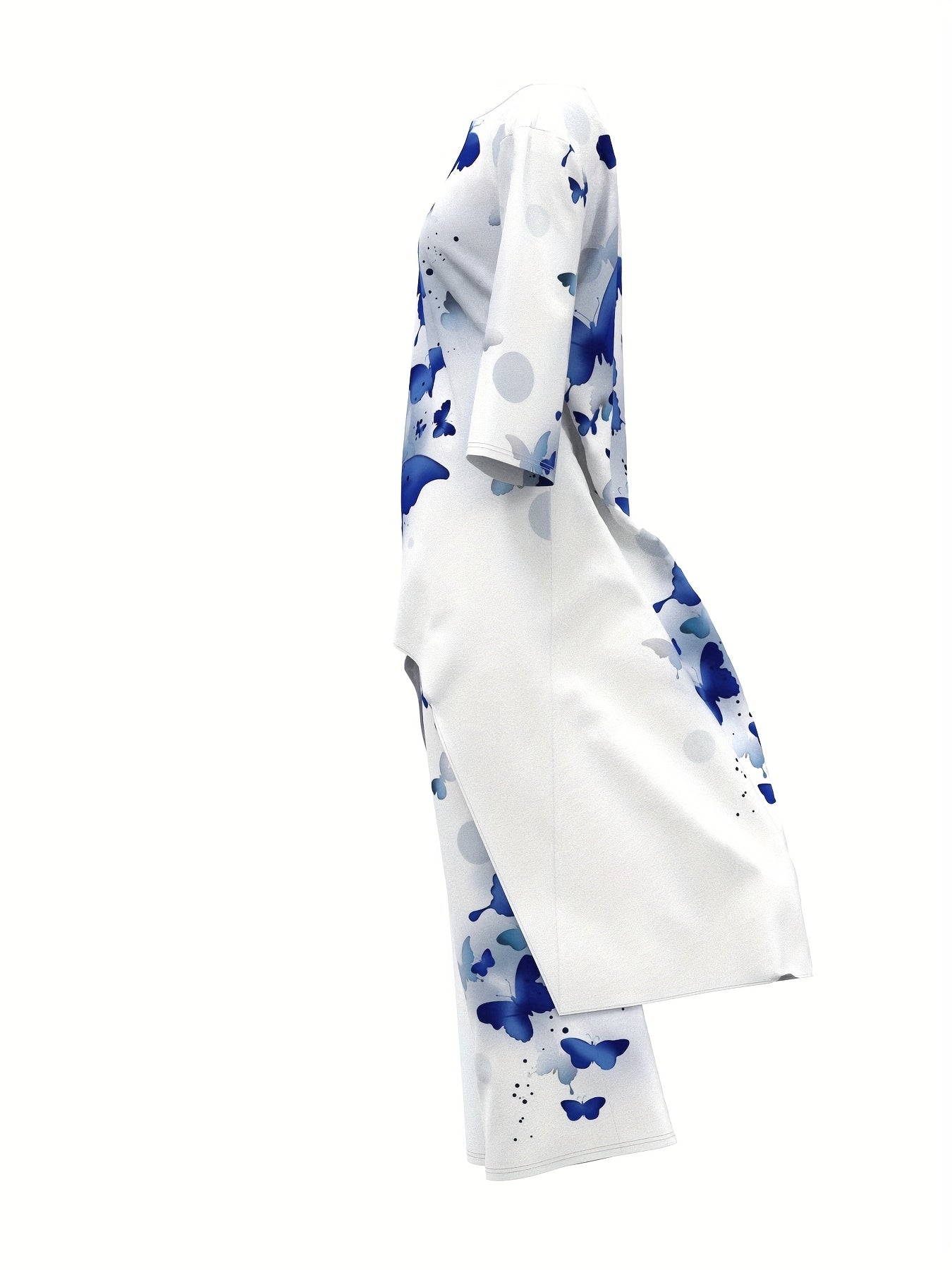 Tagged Women's Clothing, Vacation Style, Butterfly Pattern, Pants Set, Elastic Waist Pants, Long Design Top, Woven Print Pattern