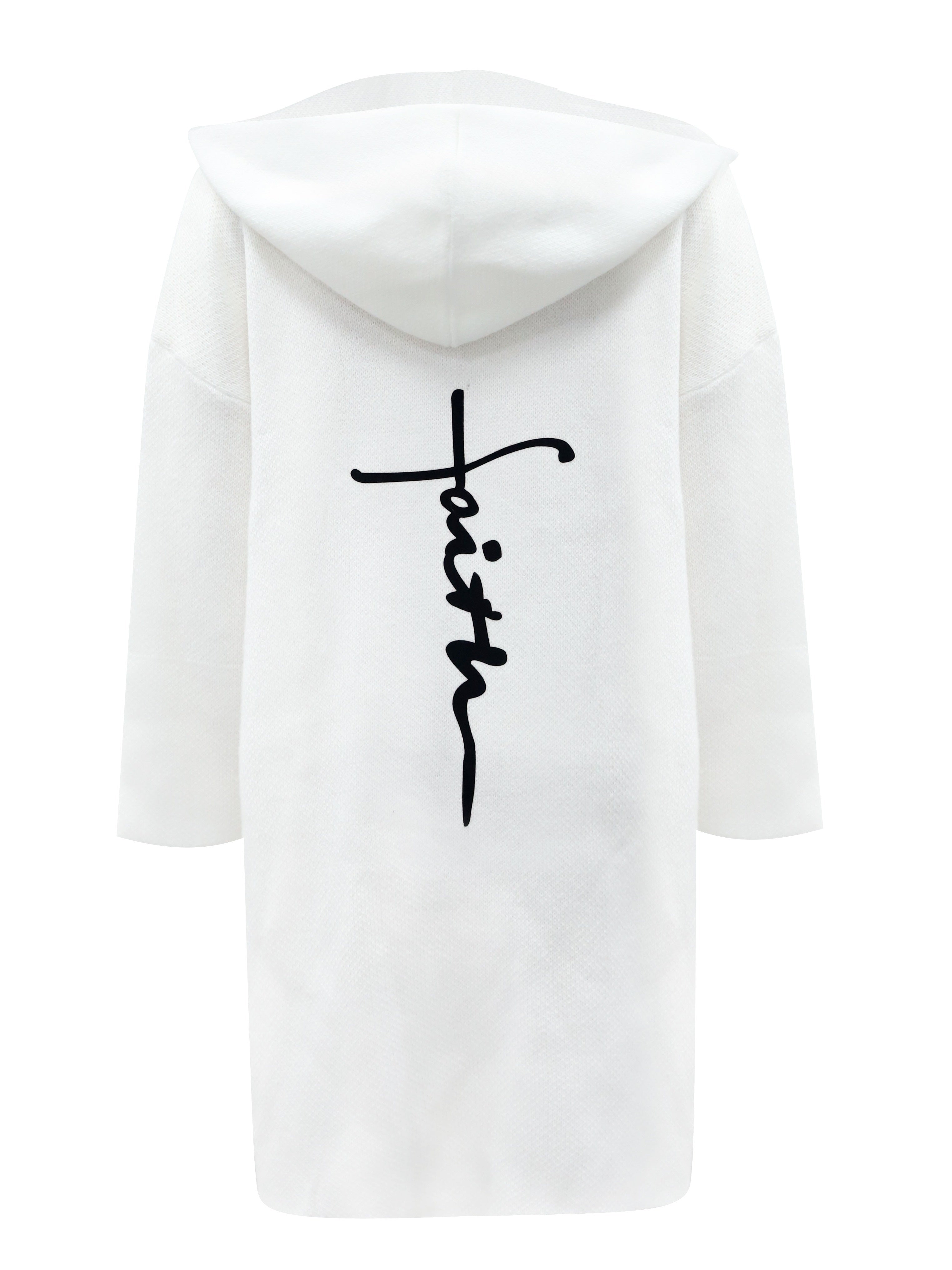 Faith Letter Print Hooded Knit Cardigan - Casual Open Front Long Sleeve Sweater Coat With Pocket - Women's Clothing - Soft & Cozy Knit Material - Perfect for Fall/Winter - Ideal Gift for Women