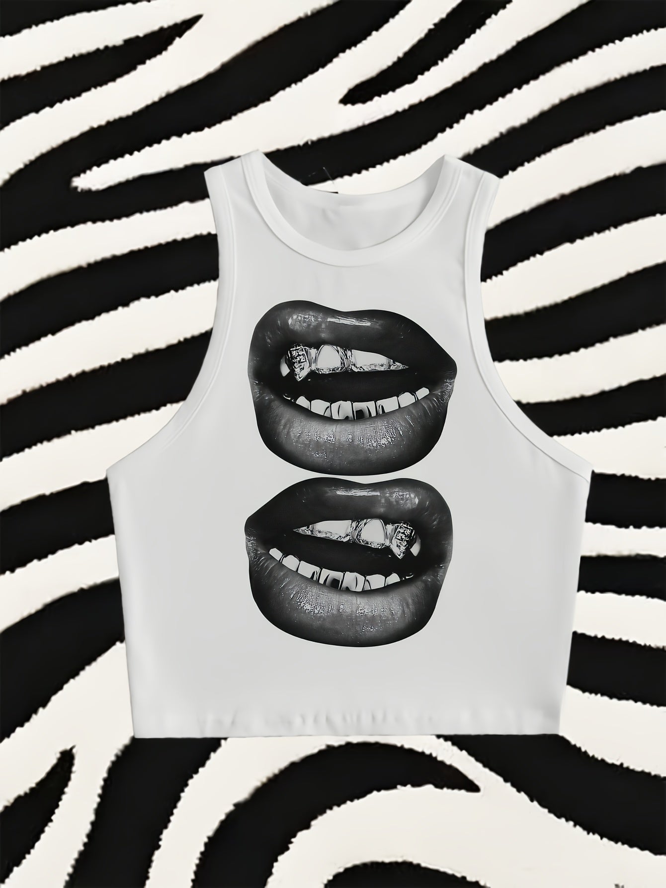 Women's White Cropped Tank Top with Black & White Lip Print - Semi-Sheer Summer Casual Top, Relaxed Fit Round Neck, Machine Washable, Ladies Tank Tops, Playful Lip Design, Semitransparent Material, Everyday Outfit, Breathable