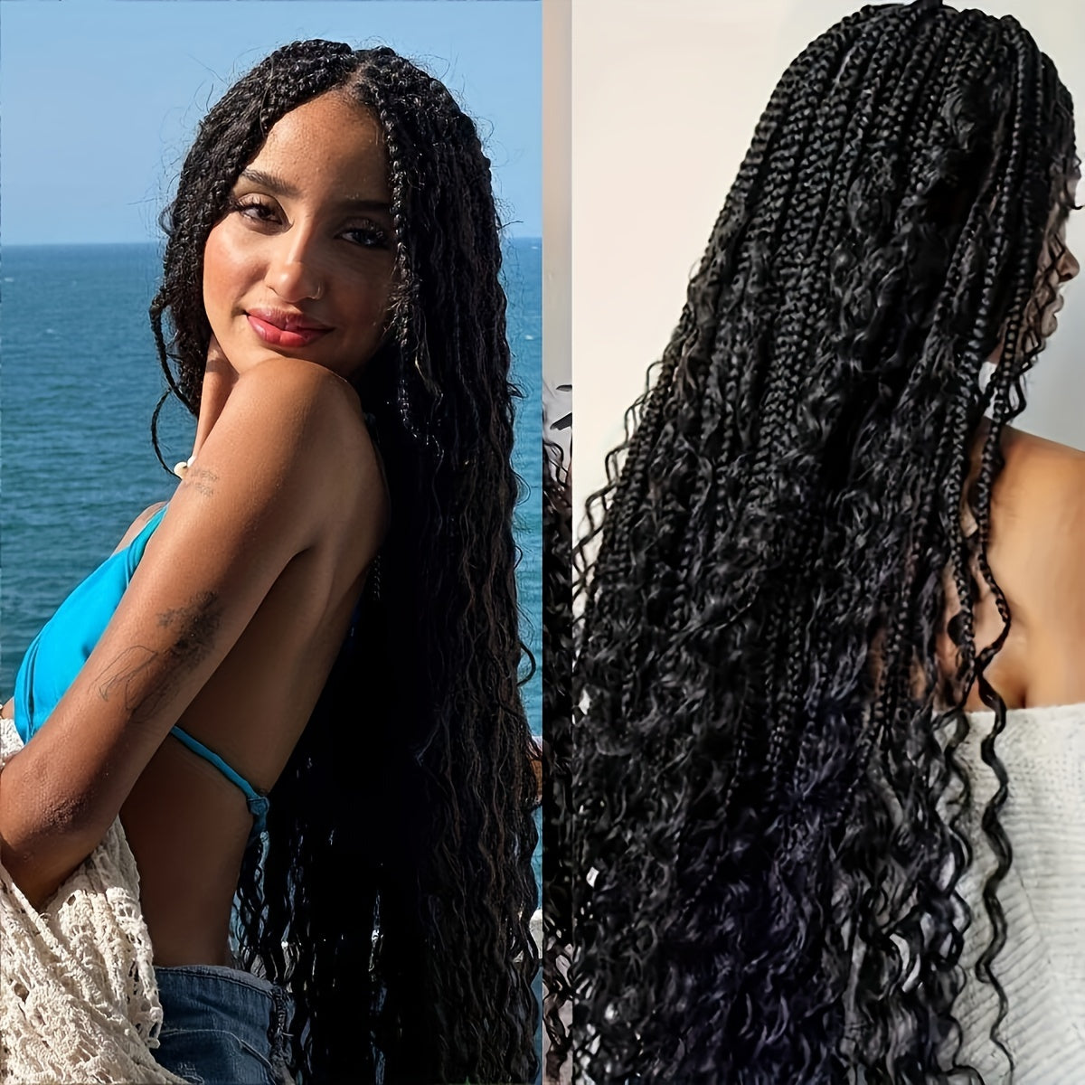 Full Lace Women's Bohemian Knotless Braided Full Lace Wig, Long Goddess Braided Wig, Curly Synthetic Braids With Baby Hair, Synthetic Bohemian Braided Wig