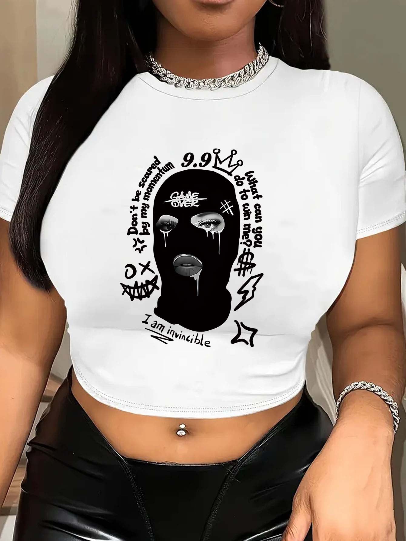 Women'S Y2K Graphic Crop Top T-Shirt - Black Short Sleeve with Unique Black and White Print, Casual Spring/Summer/Fall Wear, Crop Top Blouse