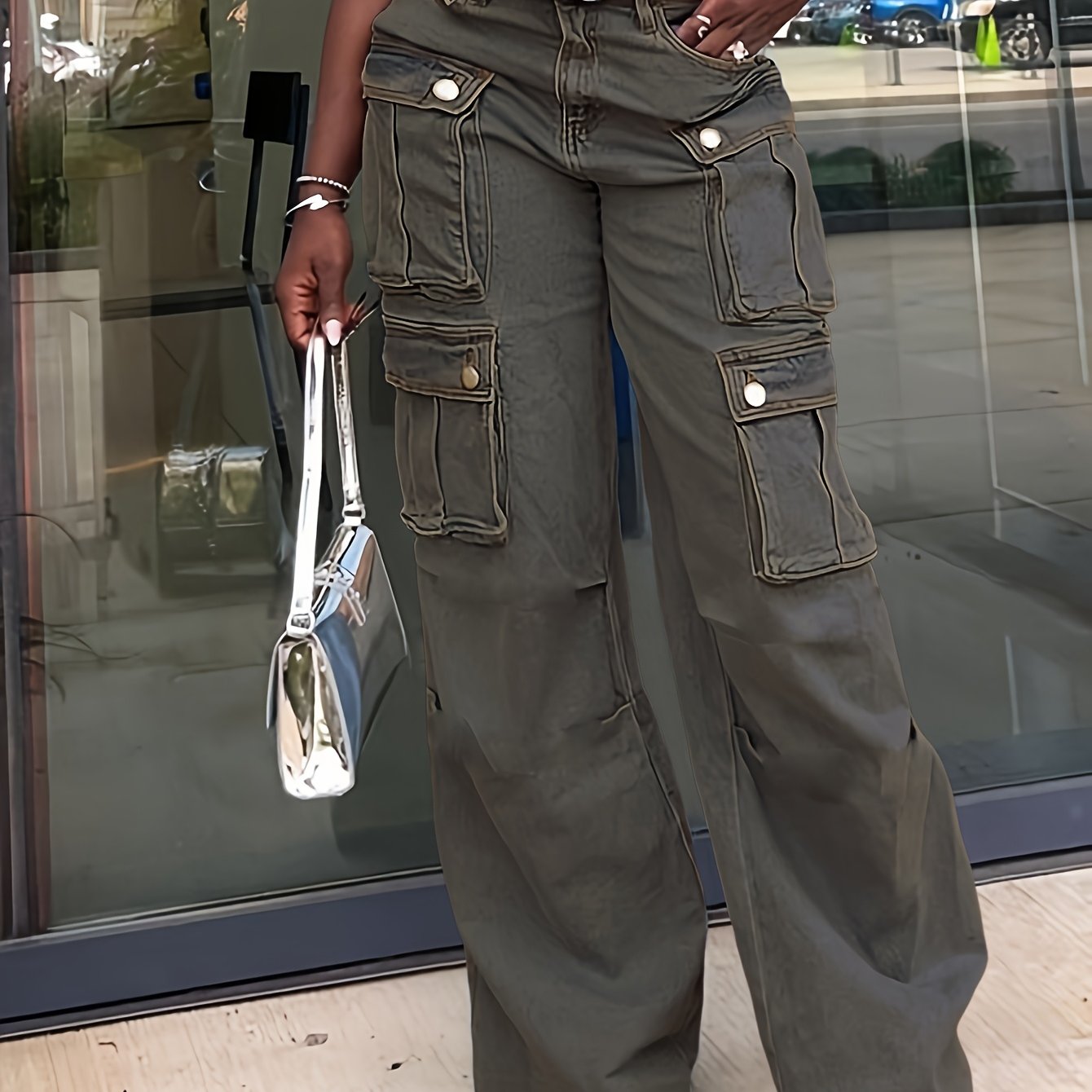 Ladies' Fashionable Retro Y2K Work Pants, High Waist Loose Wide Legs, Pockets, Comfortable Casual Style, Street Fashion Denim Pants
