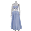 2 Pieces Lace Splicing Sling Vest High Waist Big Swing Skirt Fashion Blue Print Sets Spaghetti Strap Lace Bra And High Waisted Loose Pleated Skirts Sets