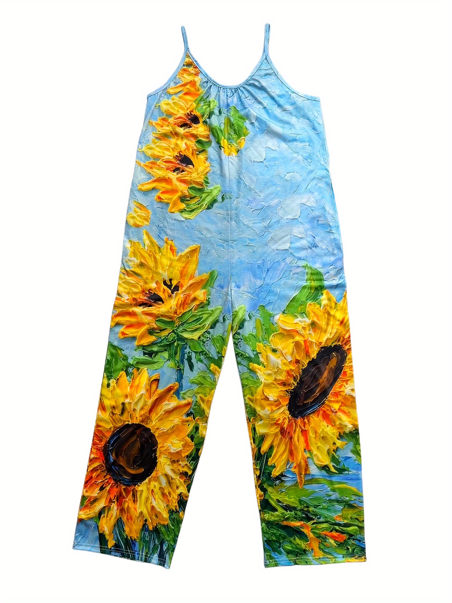 Women's Bohemian Sunflower Print Wide-Leg Jumpsuit with Pockets - Vibrant Floral Design, Casual Sleeveless Romper for Spring/Summer, Lightweight Polyester Blend, Machine Washable, Outdoor Apparel | Bohemian Style | Elastic Wa