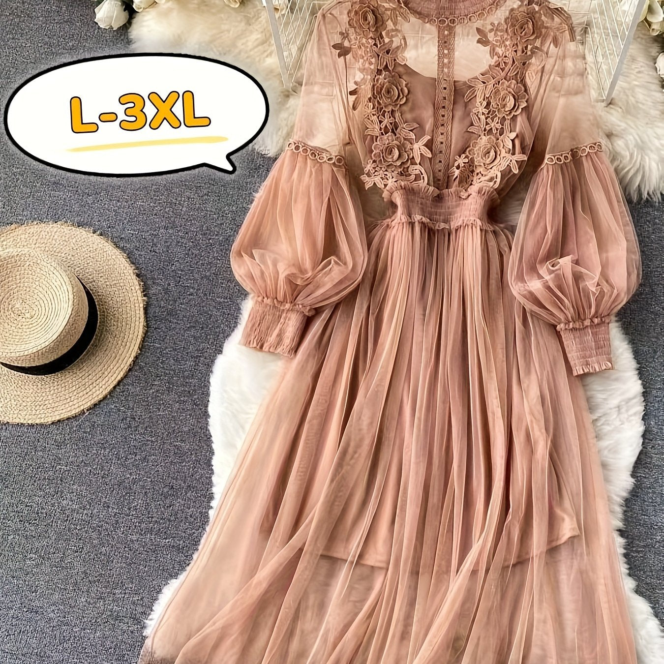Plus Size Dresses Women'S Fashion Three-dimensional Flower Collage Sheer Mesh Balloon Sleeve Slim Long Dress Light Luxury Design Sense Women'S Chiffon Lace Shirt Suspender Base Shirt, Luxury Gift For Women