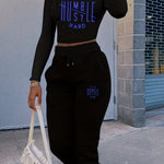Women's Casual Polyester Knit Tracksuit Set - Crew Neck Long Sleeve Crop Top and Drawstring Pants with Pockets, Alphabet Pattern - All-Season Activewear - For Women - Perfect for Loungewear, Sports & Casual Wear - Ideal Gift