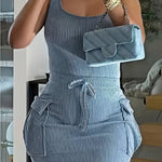 Women'S Casual Striped Mini Dress with Front Pocket - Bodycon, Wide Shoulder Straps, Perfect for Summer Clubs & Parties, Party Dress | Casual Style | Sleeveless Top, Mini Dress