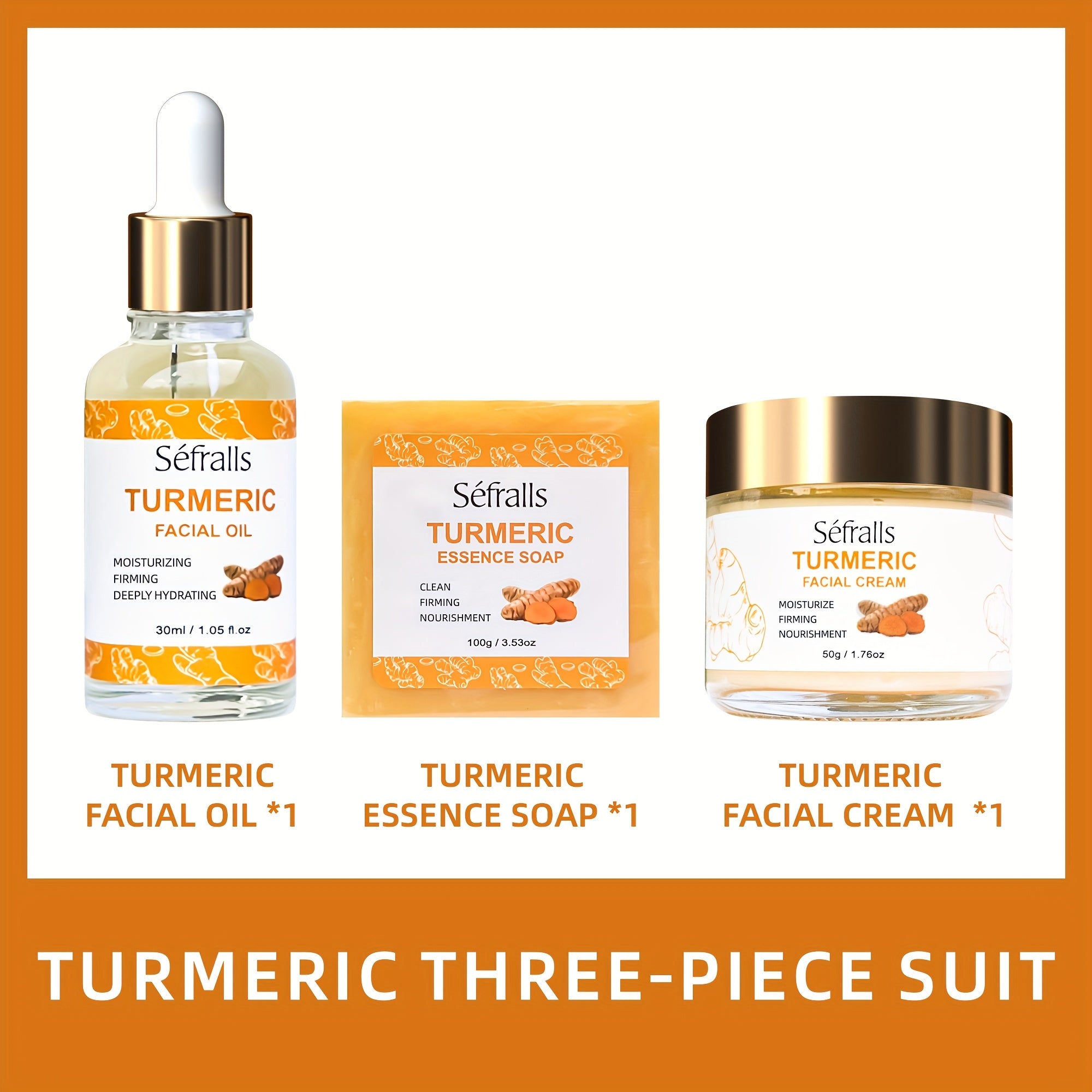 Séfralls Turmeric 3pcs/Set (TURMERIC FACIAL CREAM, TURMERIC ESSENCE SOAP, TURMERIC FACIAL OIL) Plant Extract Cleaning And Moisturizing Skin Care Set Natural Ingredients Mild And Non Irritating Cleaning Hand Soap Moisturizing