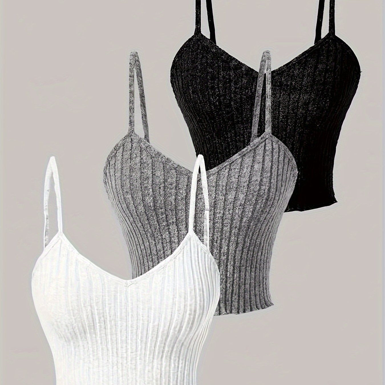 3pcs Ribbed Spaghetti Strap Tank Top, Casual Sleeveless Tank Top For Summer, Women's Clothing