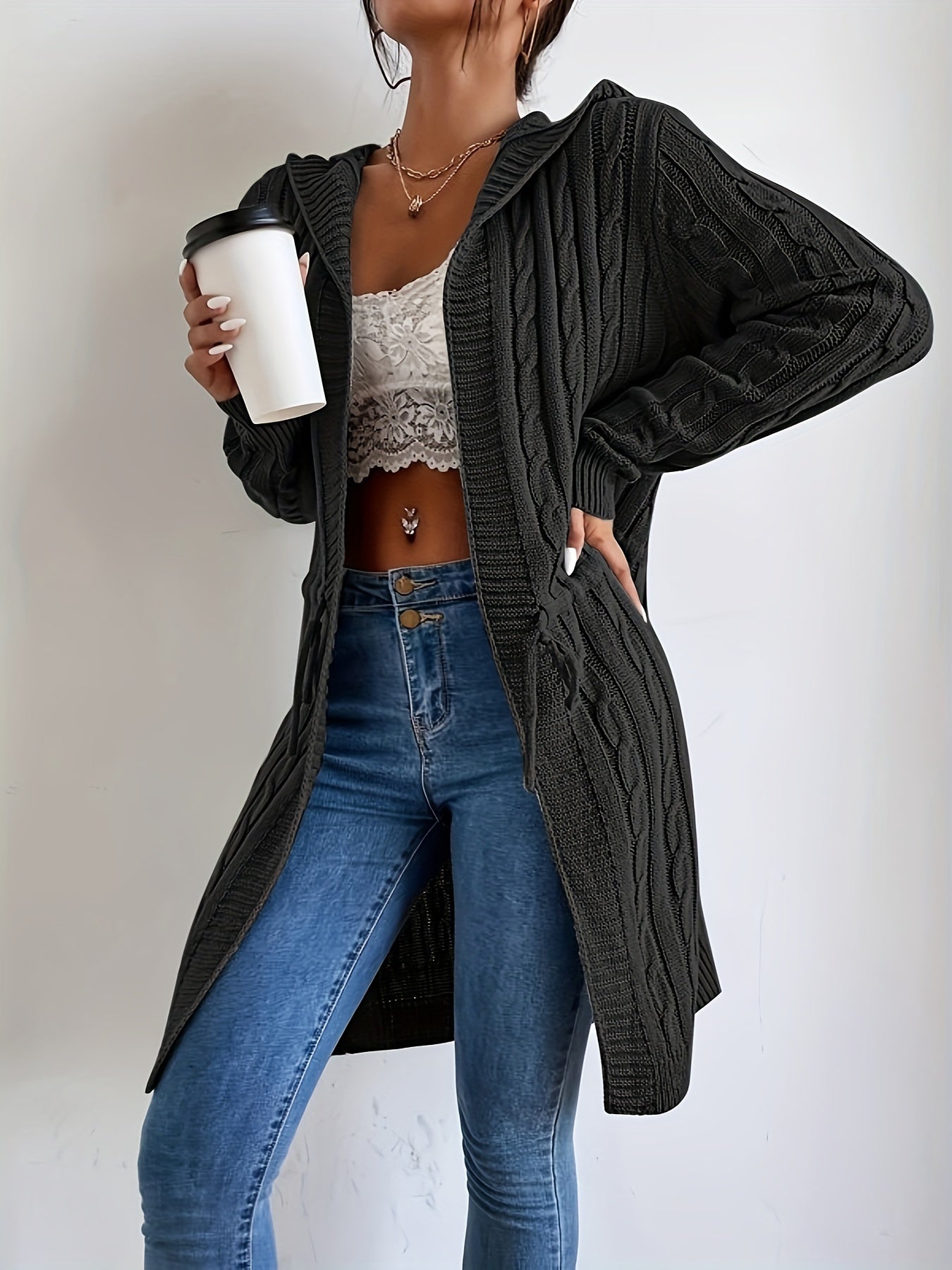 Cozy Chic Drawstring Waist Hooded Cardigan - Soft, Casual, Open Front, Long Sleeve, Relaxed Fit, Women's Clothing for Everyday Wear