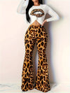 Women's Fashion Leopard Print Flare Leg Pants, 100% Polyester Knit Fabric, High-Waisted Slim Fit Trousers with Bold Animal Print Design, All-Season Wear, Machine Washable, Elegant Middle Eastern Style, Perfect for Casual or C