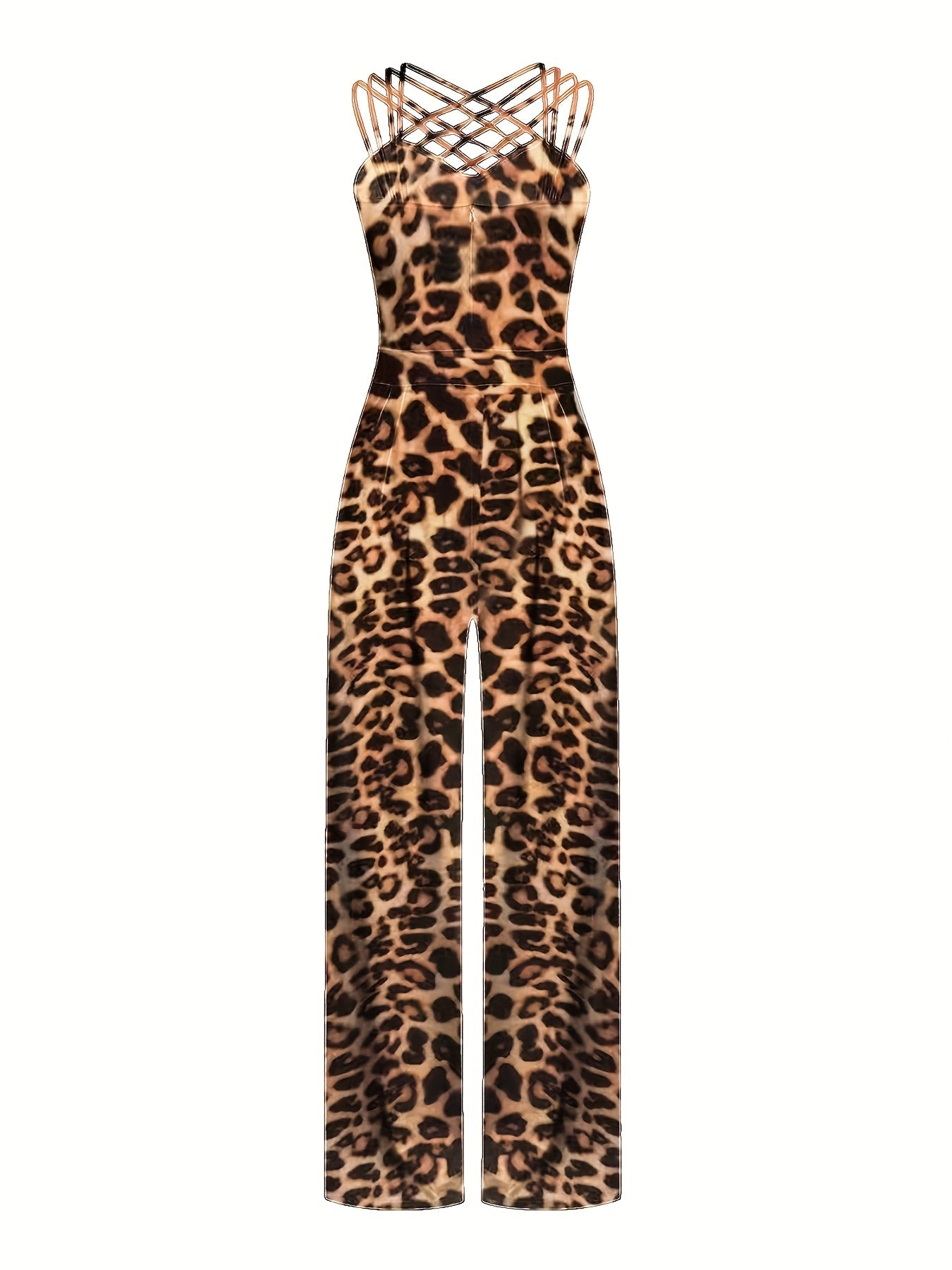 Women's Leopard Print Sleeveless Jumpsuit - Casual Knit Polyester, Wide-Leg Design, Machine Washable, All-Season Fashion for Adults, Allseason Outfit | Leopard Print Attire | Polyester Knit