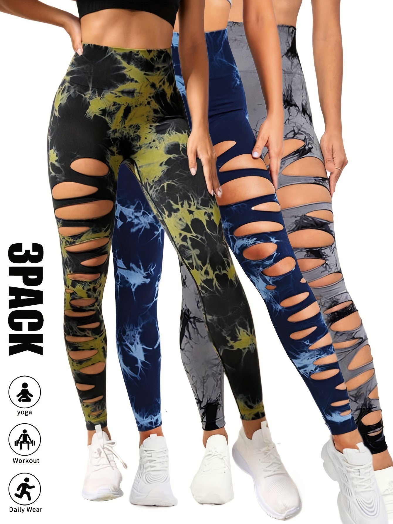 [3 Pack High Waist Yoga Leggings] 3 Pack Women's Tie Dye Cutout Tights High Waist Workout Yoga Leggings, Scrunch Butt Lifting Elastic Pants, Womens High Waist Yoga Pants Cutout Ripped Tummy Control Workout Running Yoga Skinny