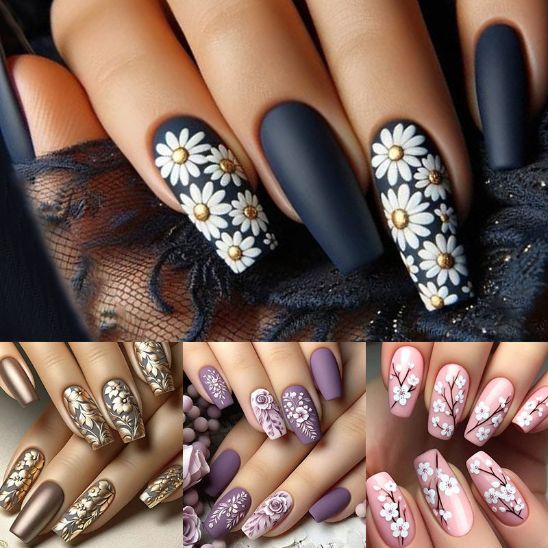 Christmas 96pcs (4pcs) Press-On Nails Set - Medium Length, 3D Flower Glossy Purple Finish with Floral Designs for Fashionable Fall & Winter Looks Christmas gift