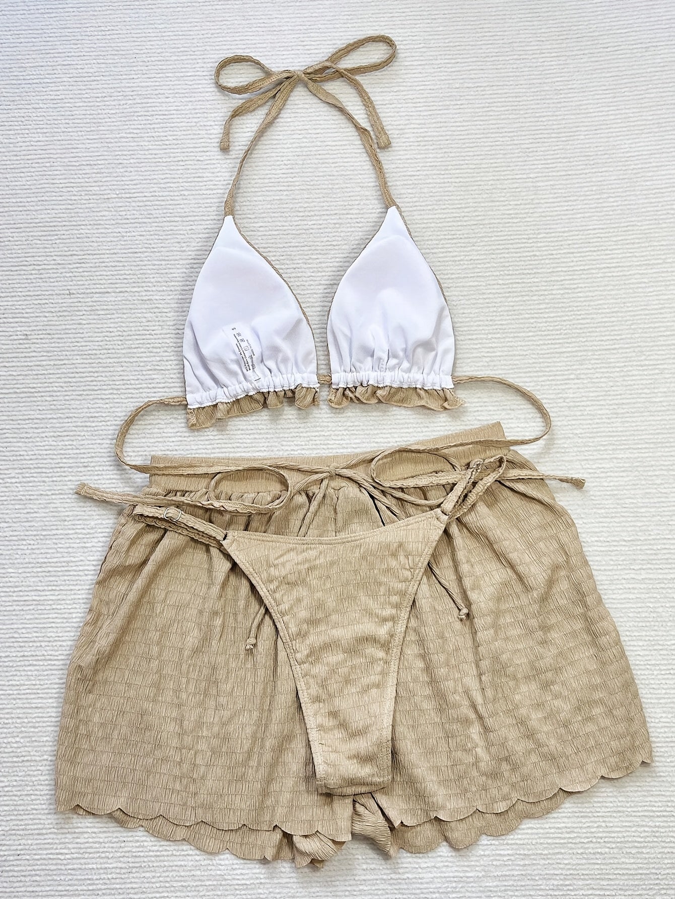 Elegant 3pcs Beige Bikini Set with Floral Embroidery, High-Waisted Bottoms & Ruffled Halter Top, Includes Sheer Cover-Up Shorts - Women's Swimwear