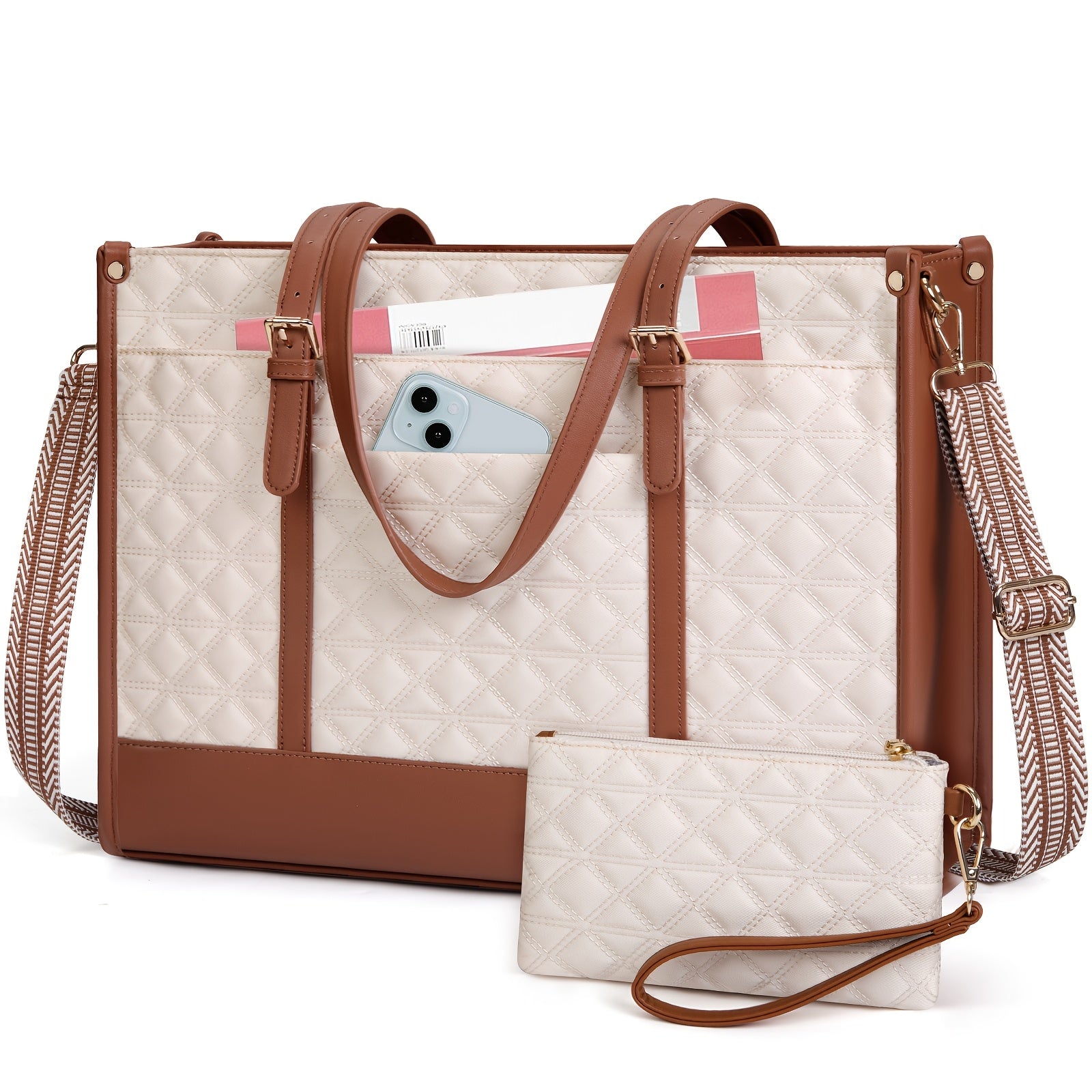 KTMOUW Laptop Bag For Women 15.6 Inch Vegan Faux Leather Work Tote Bag Quilted Womens Briefcase Designer Laptop Bags For Office Teacher College Cute Computer Bag With Purse Professional Beige & Brown