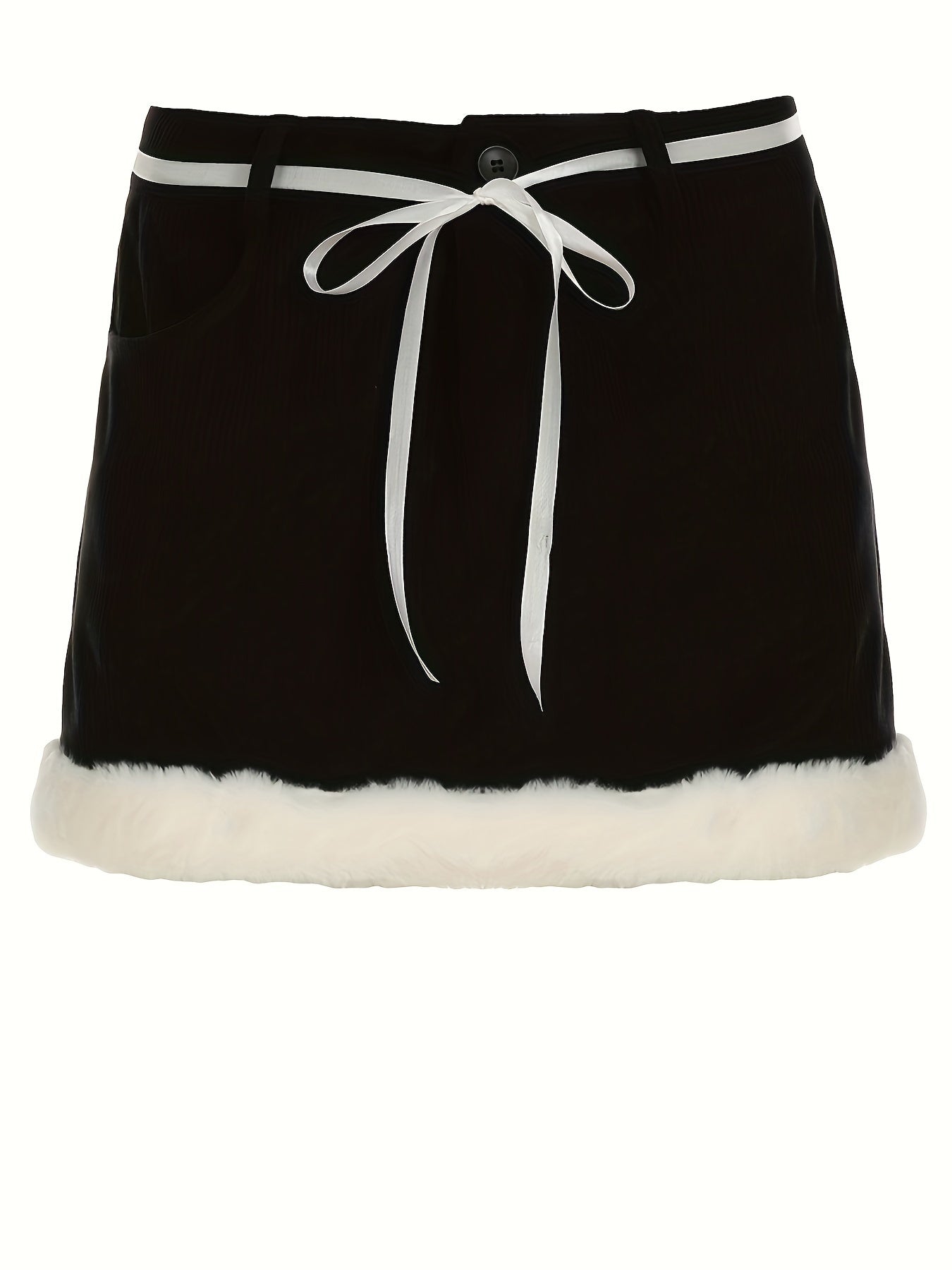Women'S Autumn & Winter Faux Fur Trim Mini Skirt - Beige, Contrast Fur Detail, Adjustable Waistband with Bow, Stylish Shorts for Casual Attire, Casual Attire|Faux Fur Trim|Adjustable Waistband, Faux Fur Skirt
