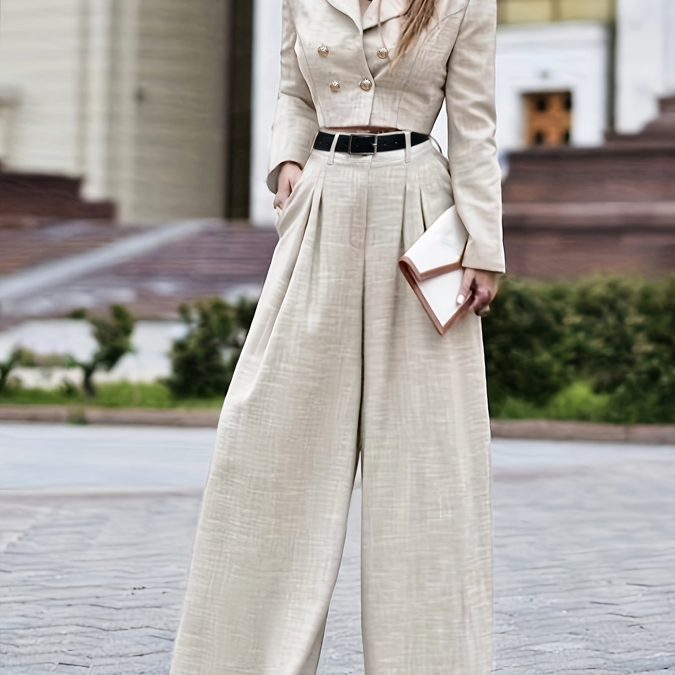 Elegant Two-Piece Long Sleeve Suit - Beige Polyester, Double-Breasted Blazer with Wide Lapels & High-Waisted Flared Pants, Stylish Accessory Bag, Perfect for Fall/Winter, Stylish Workwear | Elegant Two-Tone Suit | Polyester F