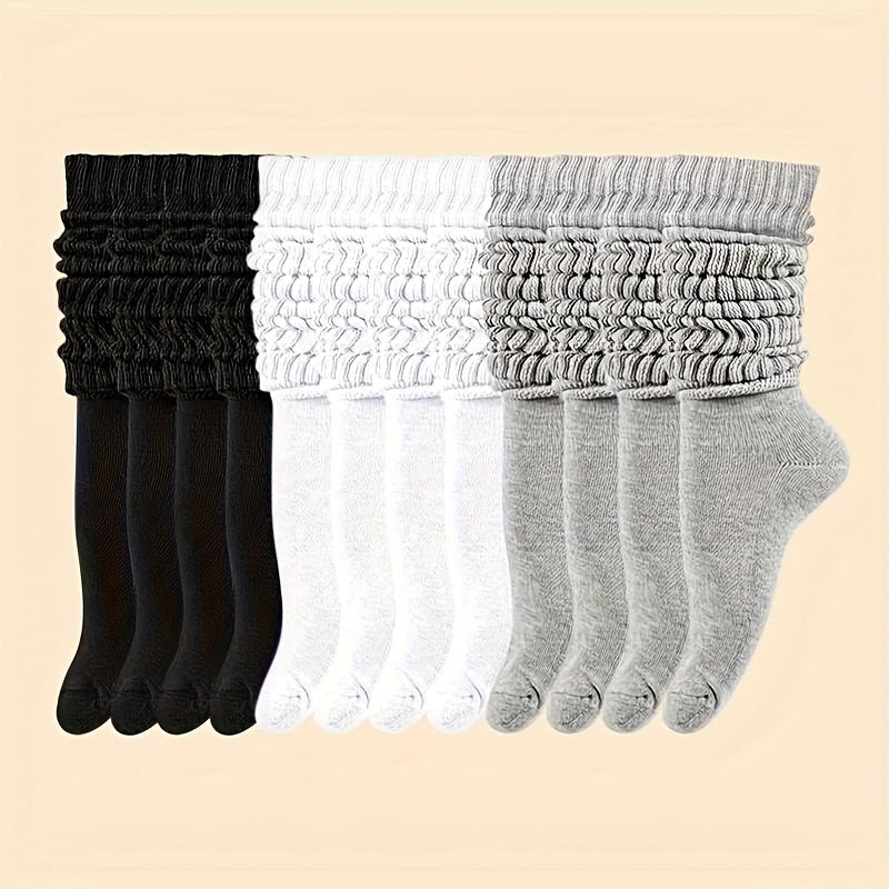 6 Pairs Women's Knit Tube Socks, Polyester Blend with Elastane, Solid Color, Comfortable Stretch, Hand Washable, for Casual High-Cut Leg Warmers, Cute Socks