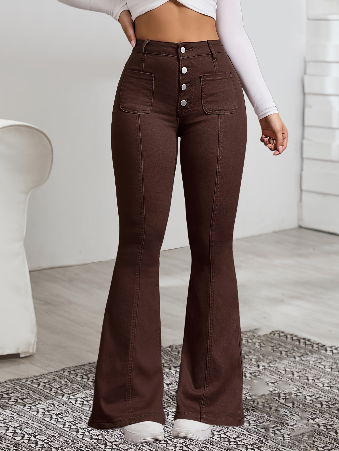 1pc Women'S High Waist Coffee Brown Flare Jeans, Casual Solid Color Denim, All-Season Long Pants with Button Fly, Skinny Fit, Washed Detail, Woven Fabric, Stretchy (98% Rayon, 2% Spandex)