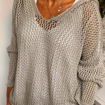 8623# Casual Loose-Fit Openwork Hooded Cardigan - Semi-Sheer Light Grey with Breathable Cut-Out Details, Medium Stretch for Spring Summer Fall Layering, Cardigan, Layering Piece, Hooded Neckline, Mediumstretch Fabric