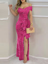 Elegant Off-Shoulder Sparkling Red Party Dress with Split Detail - Perfect for Adult Women, Spring/Summer Event Attire, Bodycon Style, Elegant Attire | Sparkling Fabric | Offshoulder Design, Plus Size Dress