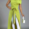 Elegant Off-Shoulder Lime Green Maxi Dress with Front Slit and Tie Waist - Long Sleeve, Polyester Blend, Sophisticated Knot Detail for Women