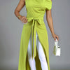 Elegant Off-Shoulder Lime Green Maxi Dress with Front Slit and Tie Waist - Long Sleeve, Polyester Blend, Sophisticated Knot Detail for Women