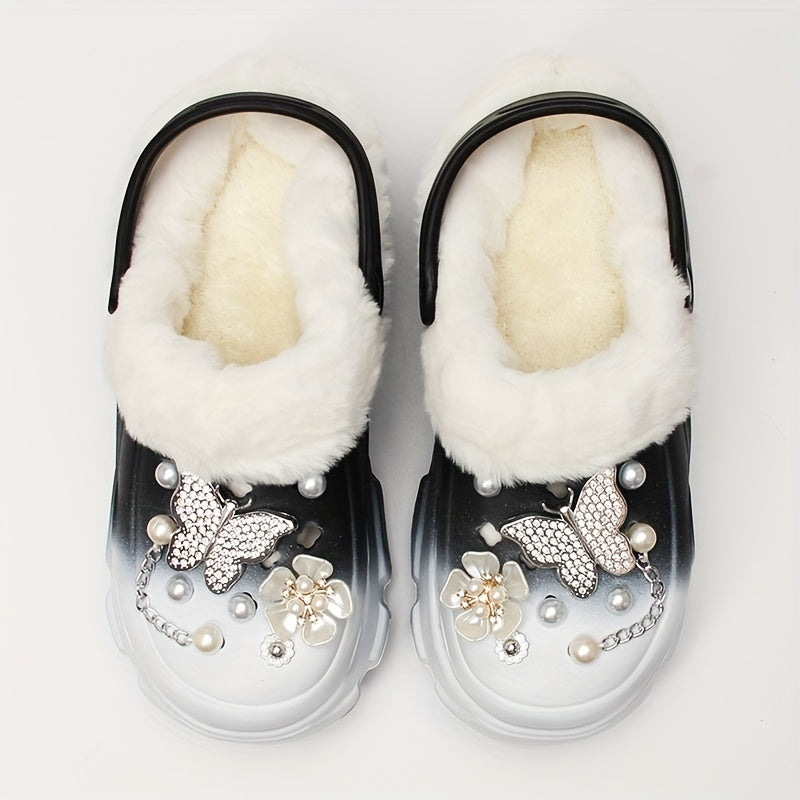 1 Pair Women'S Winter Flannel-Lined EVA Clogs, Casual Gradient Color Slippers with Butterfly and Flower Embellishments, Warm Indoor House Shoes with Positioning Printing
