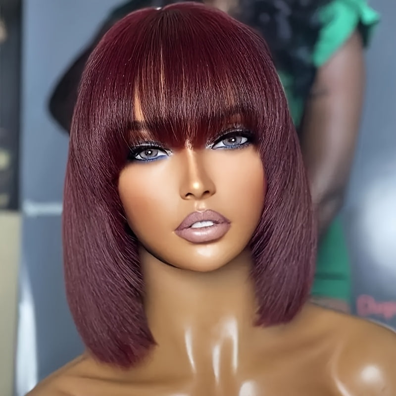 Burgundy Brazilian Virgin Human Hair Wig - 99J Short Straight Bob with Bangs, Glueless Comfort Fit, 180% Density Rose Net Cap, Natural Black Real Human Hair for Women, All Ethnicities, Perfect Gift, Short Hair Wigs, Stylish H
