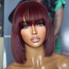 Burgundy Brazilian Virgin Human Hair Wig - 99J Short Straight Bob with Bangs, Glueless Comfort Fit, 180% Density Rose Net Cap, Natural Black Real Human Hair for Women, All Ethnicities, Perfect Gift, Short Hair Wigs, Stylish H