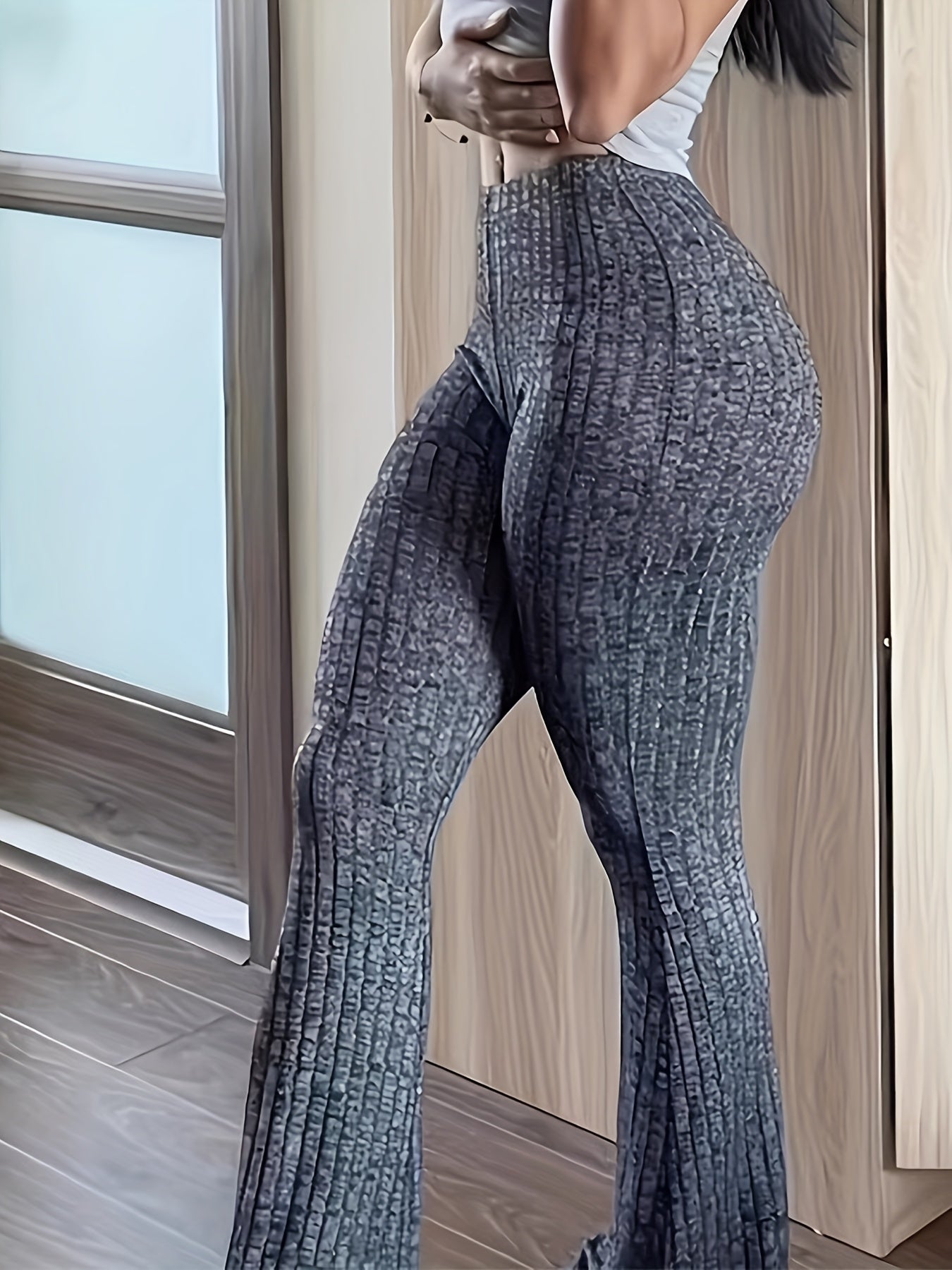 High-Waist Flare Pants for Women | Elegant Middle Eastern Style | Polyester & Viscose Blend | Slim Fit, Stretchy Ribbed Knit | Solid Color | Machine Washable | Autumn/Winter Collection, Everyday Fashion | Elegant Pants | Slee