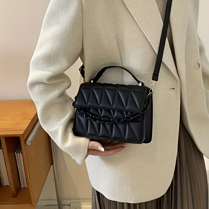 Fashionable Mini Embossed Crossbody Bag for Women - Stylish Pure Black Shoulder Bag with Magnetic Closure.