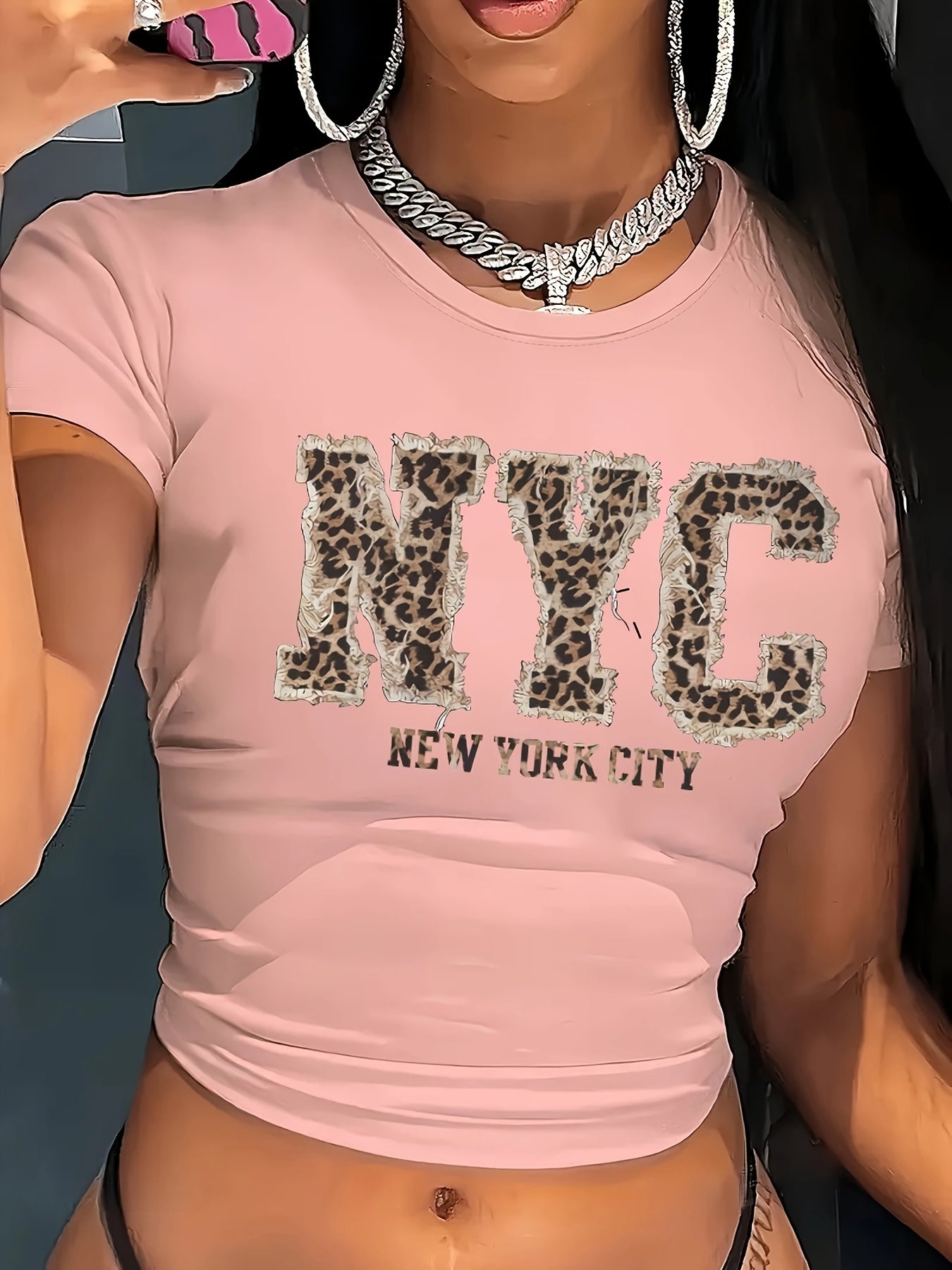 Women'S Casual Leopard Print NYC Graphic Crop Top T-Shirt - Crew Neck, Short Sleeve, Spring/Summer Fashion, Black with Golden Lettering, Leopard Print Shirt