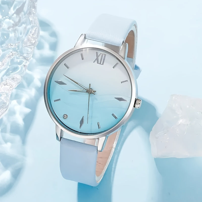 6pcs Set Fashion Women Simple Wrist Watches Blue Rhinestone Quartz Watch PU Leather Strap Ladies Dress Bracelet Watch Set Gifts