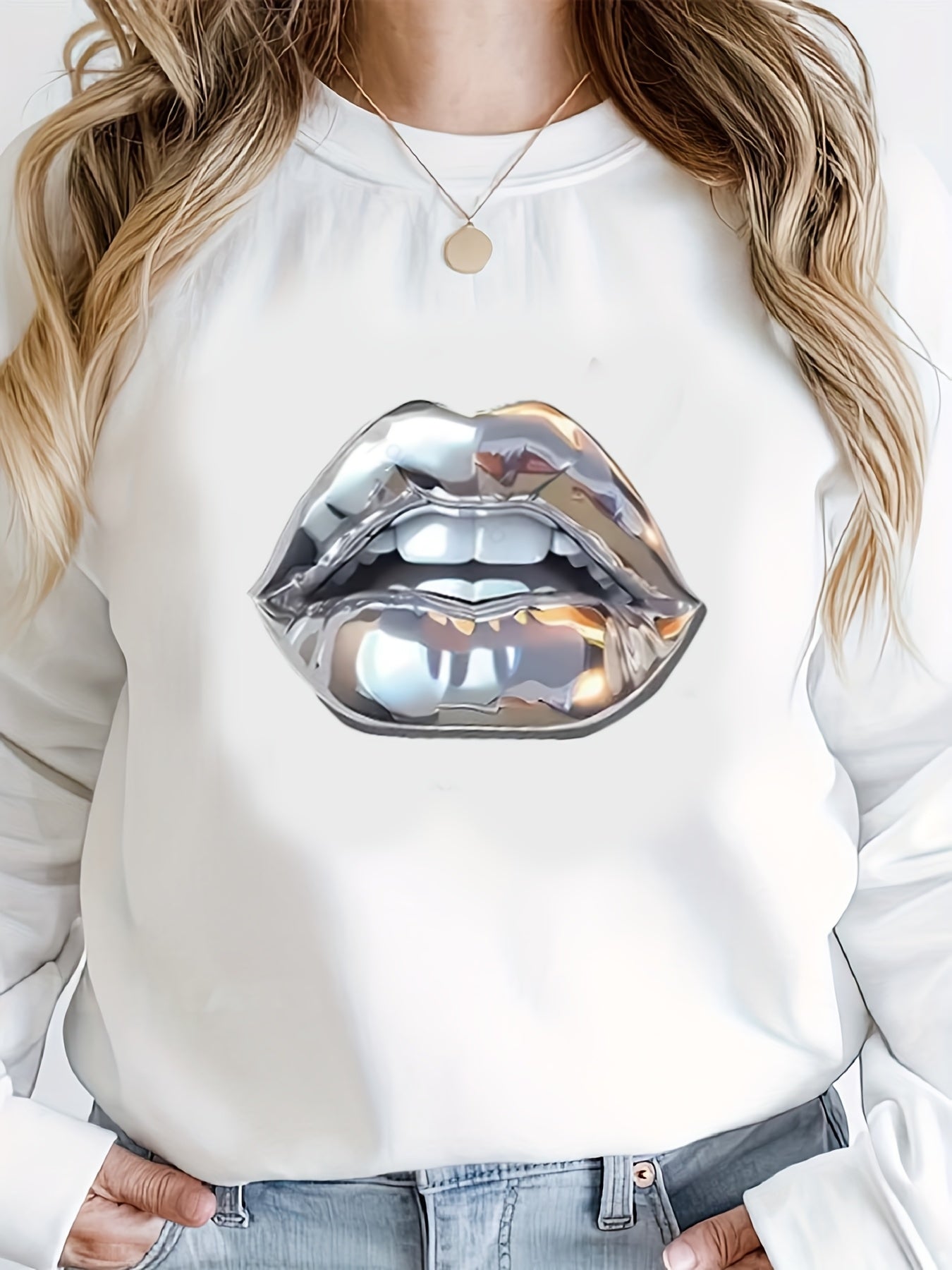 Women's Casual Crew Neck Sweatshirt with Geometric Lips Print, Long Sleeve Pullover, Knit Fabric, Regular Fit - 50%, Polyester 50% Blend, Machine Washable for Fall & Winter