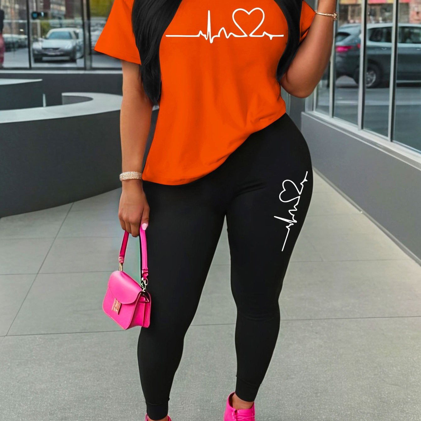 Women'S Love Heart Print Two-Piece Set, Casual Crew Neck Short Sleeve T-Shirt and Knit Polyester Leggings, All-Season Comfort, 96% Polyester 4% Spandex, 180gsm - Red