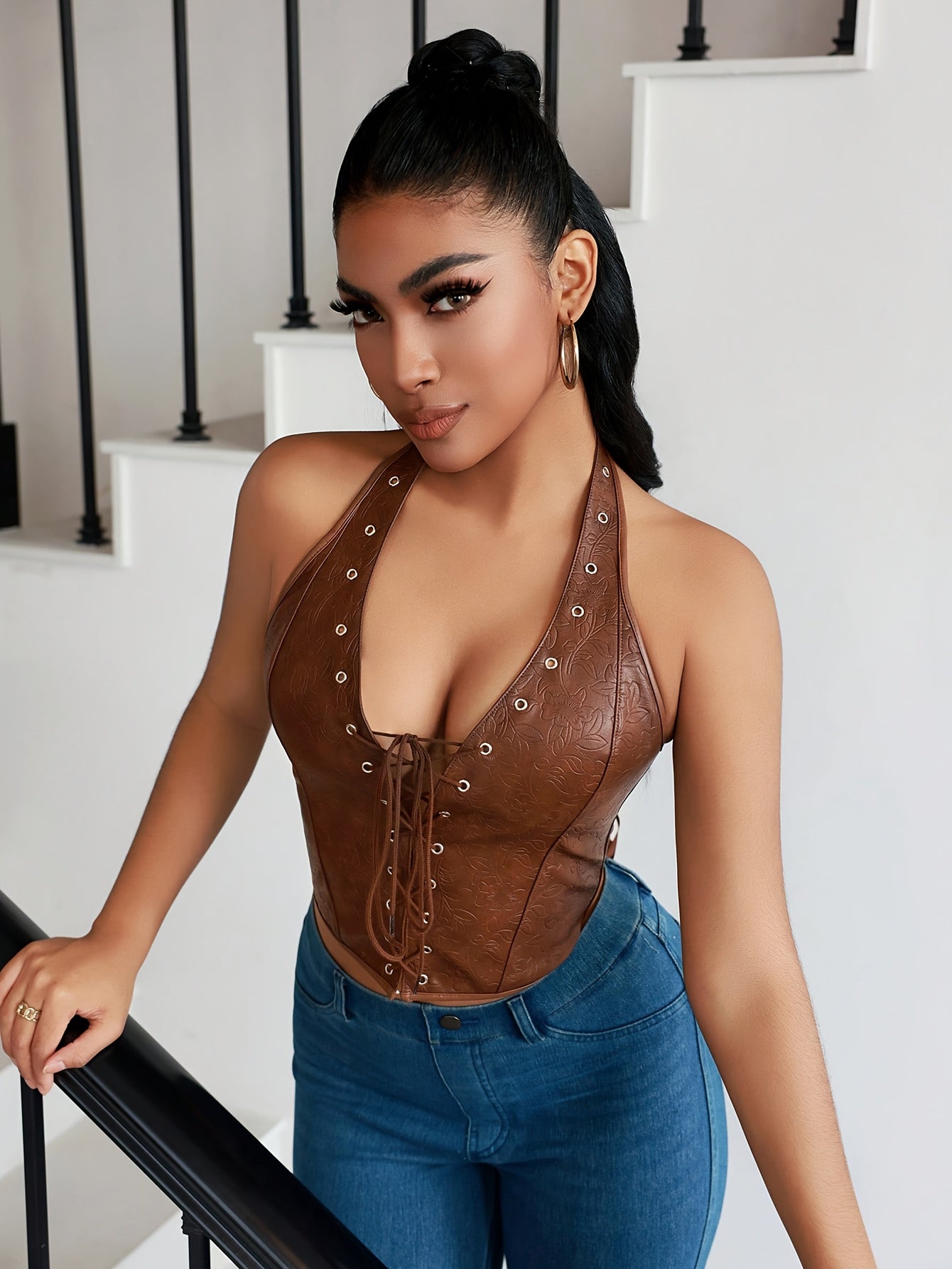 American Retro Maillard Brown Custom Dark Flower Embossed Lace Neck Unique Slim Sexy Blouse