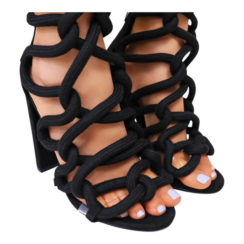 Women Chunky Heel Rope Lace Up High Heel Sandals