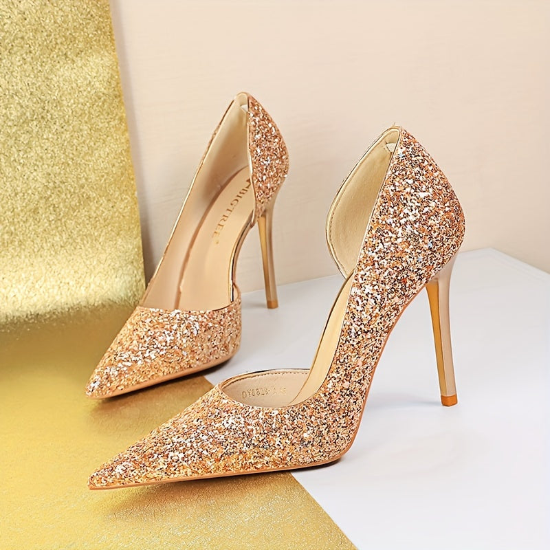 Women's Glitter Design Sexy Banquet High Heels, Elegant Point Toe Dress Pumps, Fashion Slip On Party Heels