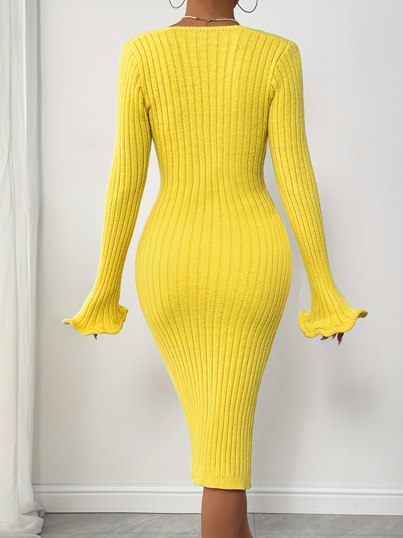 Solid Pattern Bodycon Sweater Dress - Acrylic Blend, Elegant Ribbed Knit, Middle Eastern Style, Lettuce Trim Fluted Sleeves, Square Neckline