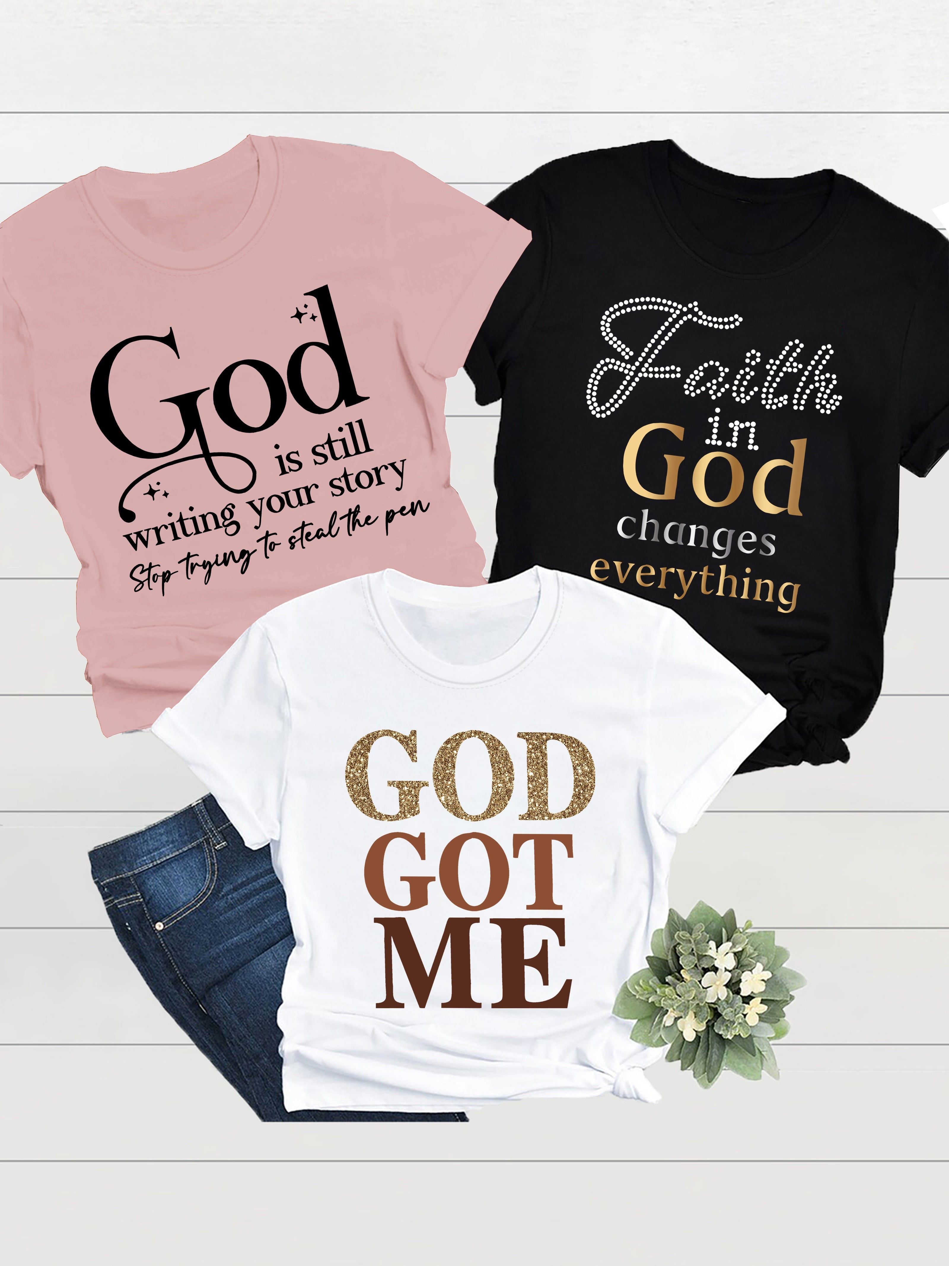 [3 Packs Crew Neck T-Shirt] 3 Packs Letter Print Crew Neck T-Shirt, Casual Short Sleeve T-Shirt For Spring & Summer, Women's Clothing