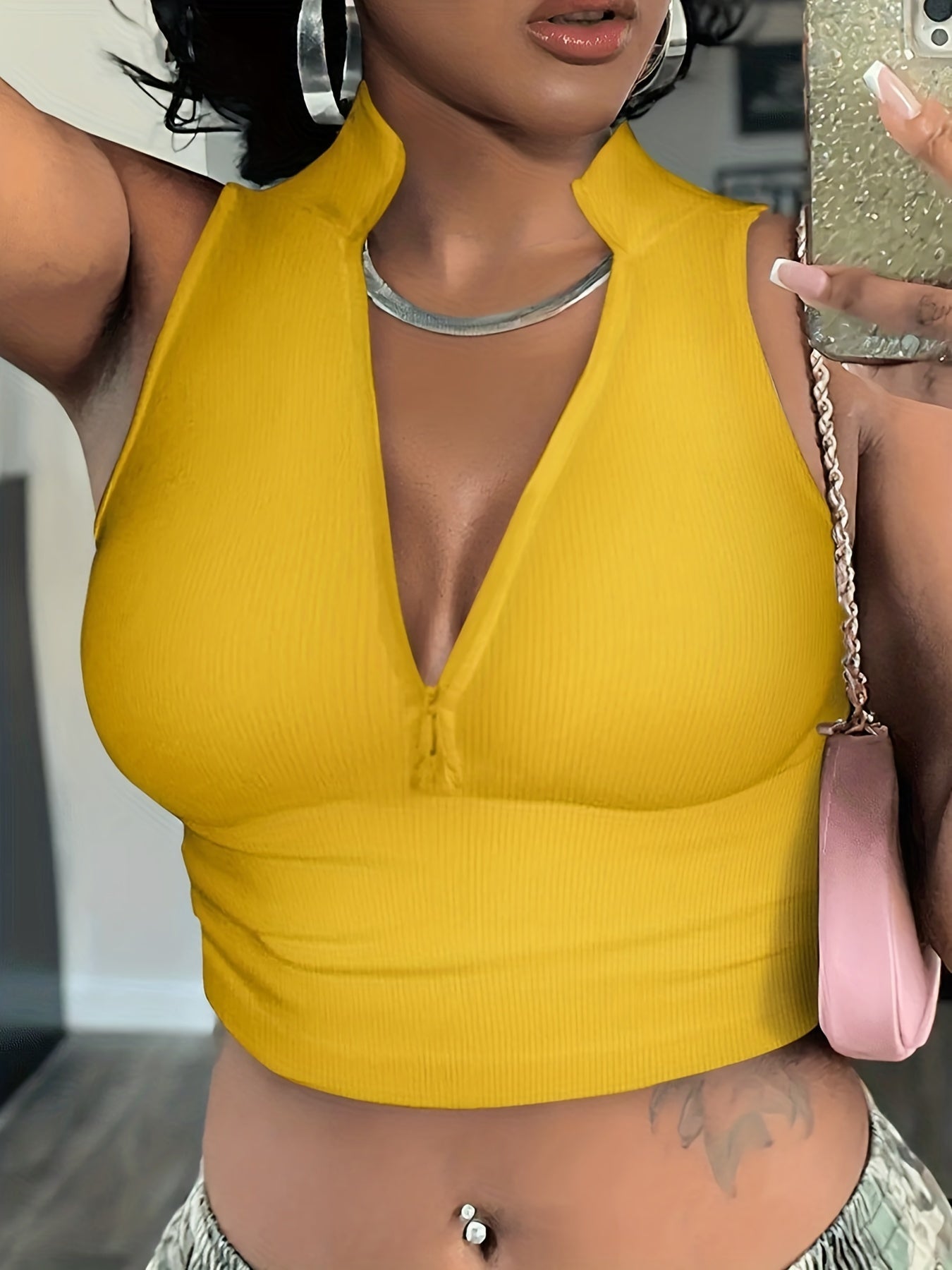 Women'S Sexy Ribbed Knit Tank Top, Solid Color Polyester 100% Vest with Zipper Detail, Crew Neck, Lightweight 250g/m² Knit Fabric, Spring/Summer/Fall Fashion