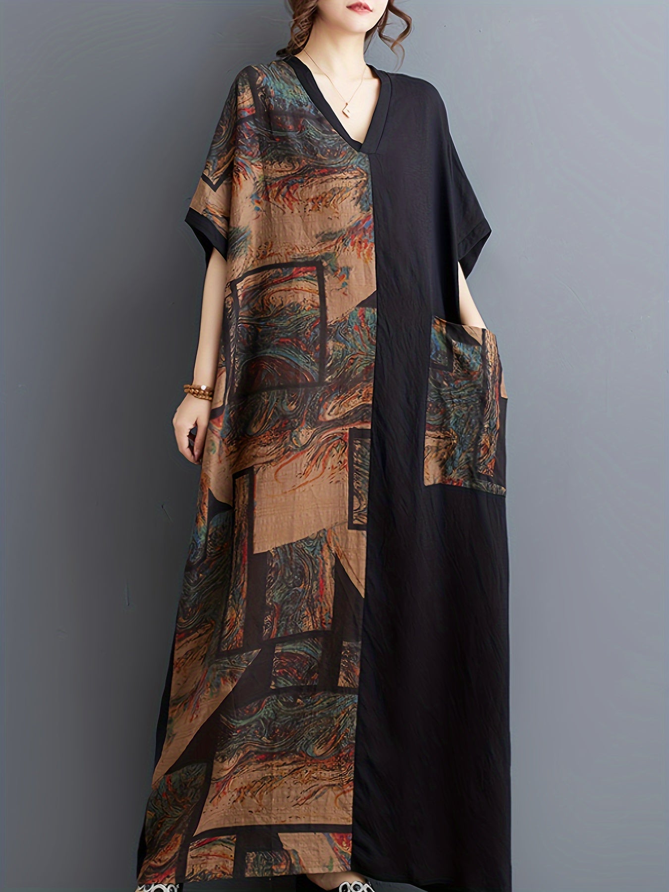 Women'S Casual Viscose Patchwork Dressing Gown, Non-Stretch Woven Fabric, Pocket Details, Spring/Summer/Fall Season, Adult Size