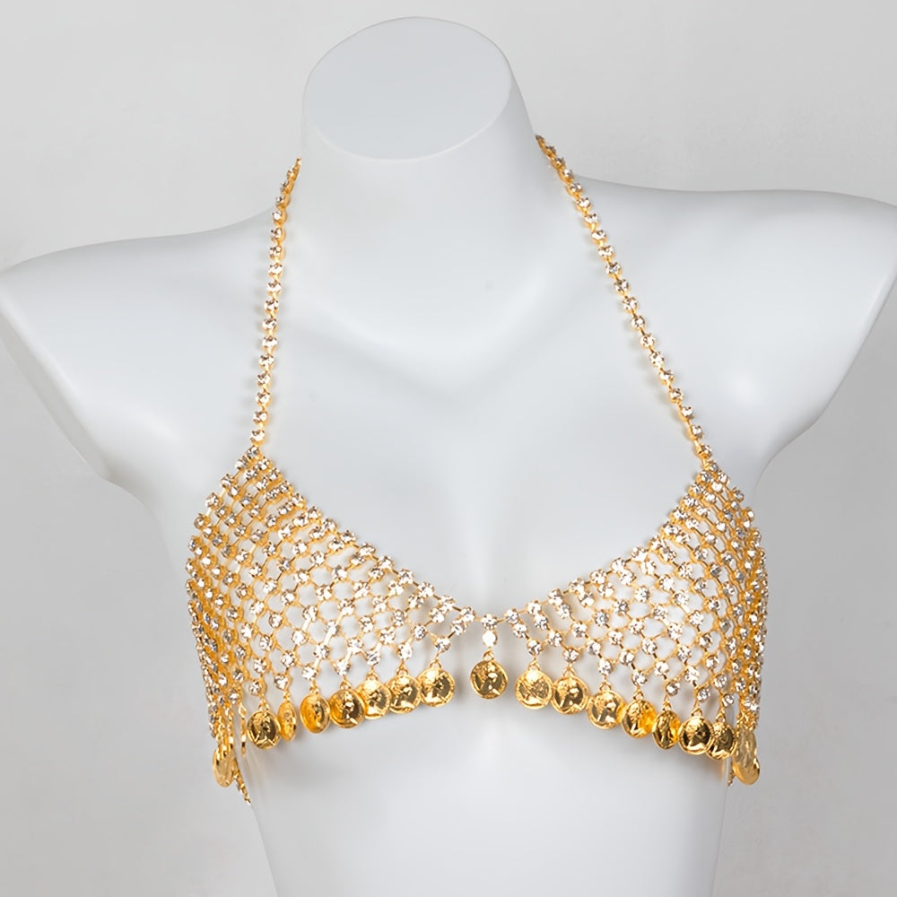 1 Set Bra + Panties Fashion Alloy Full Rhinestone Mesh Women's Bra Body Chain, Round Coin Tassel Pendant Body Chain Suitable for Parties, Music Festivals, Beach Body Accessories