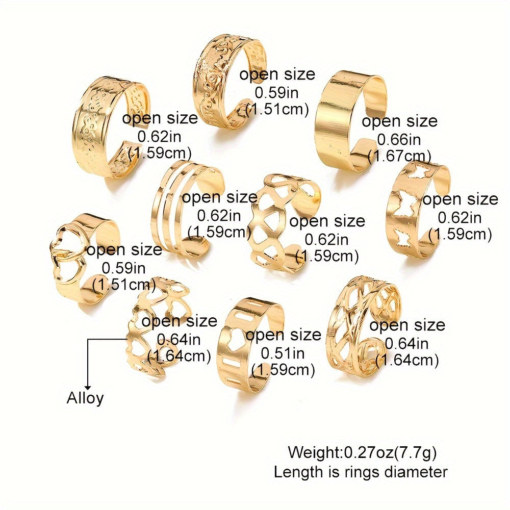 [10 Golden Rings Geometric Heart] Set Of 10 Golden Rings With Hollowed-out Heart And Geometric Patterns, Multiple Pieces Of Summer Toe Rings