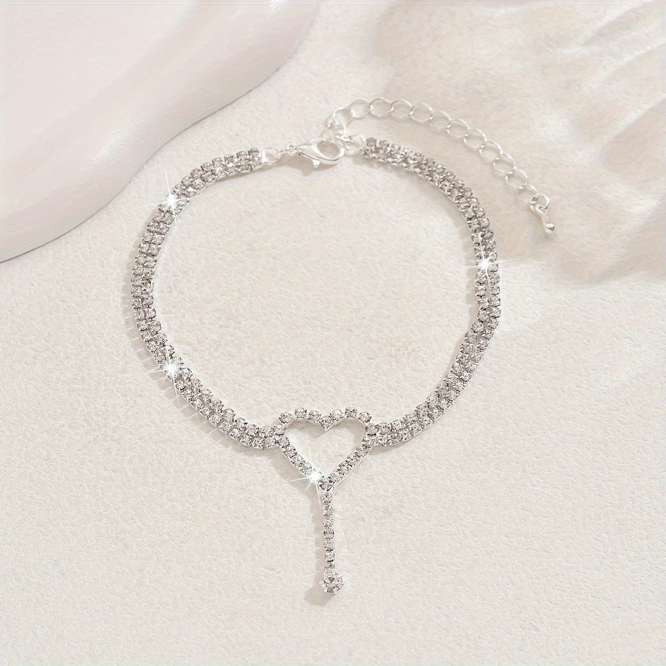 Women's Heart-shaped Anklet - Silver Plated, Rhinestones Mosaic, Synthetic Stone Creation - All Season Jewelry | Holiday Gift for Thanksgiving Day | October Birthstone Jewelry
