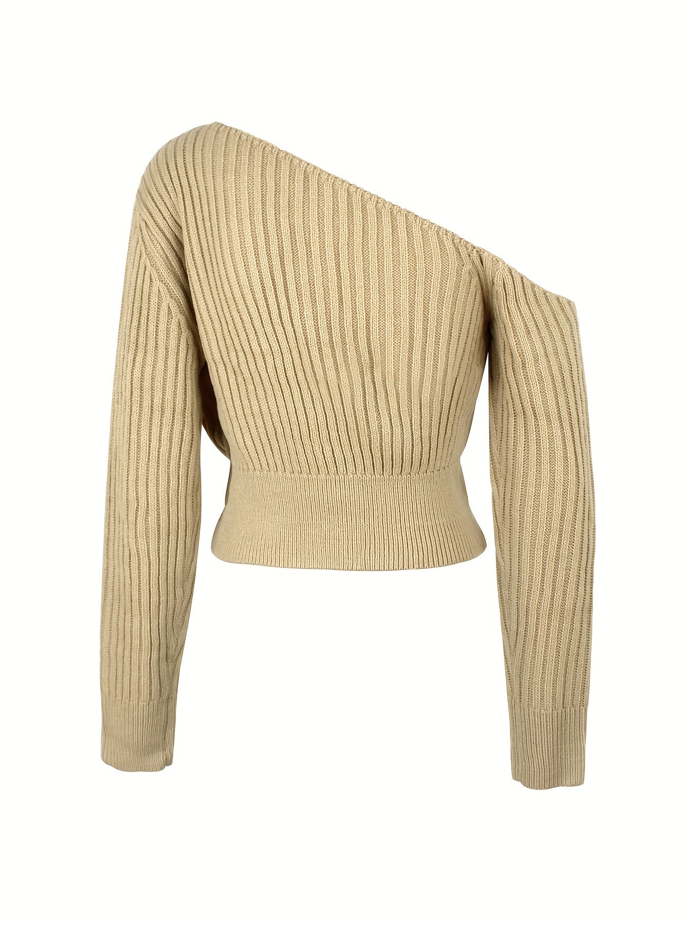 Ribbed Asymmetrical Neck Knit Crop Sweater, Sexy Cold Shoulder Long Sleeve Pullover Sweater, Women's Clothing