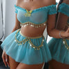 Women Teddy Lingerie Set Sequin Tassels Sheer Off-Shoulder Tops and Elastic Thong Skirt Set for Babydoll Sleepwear