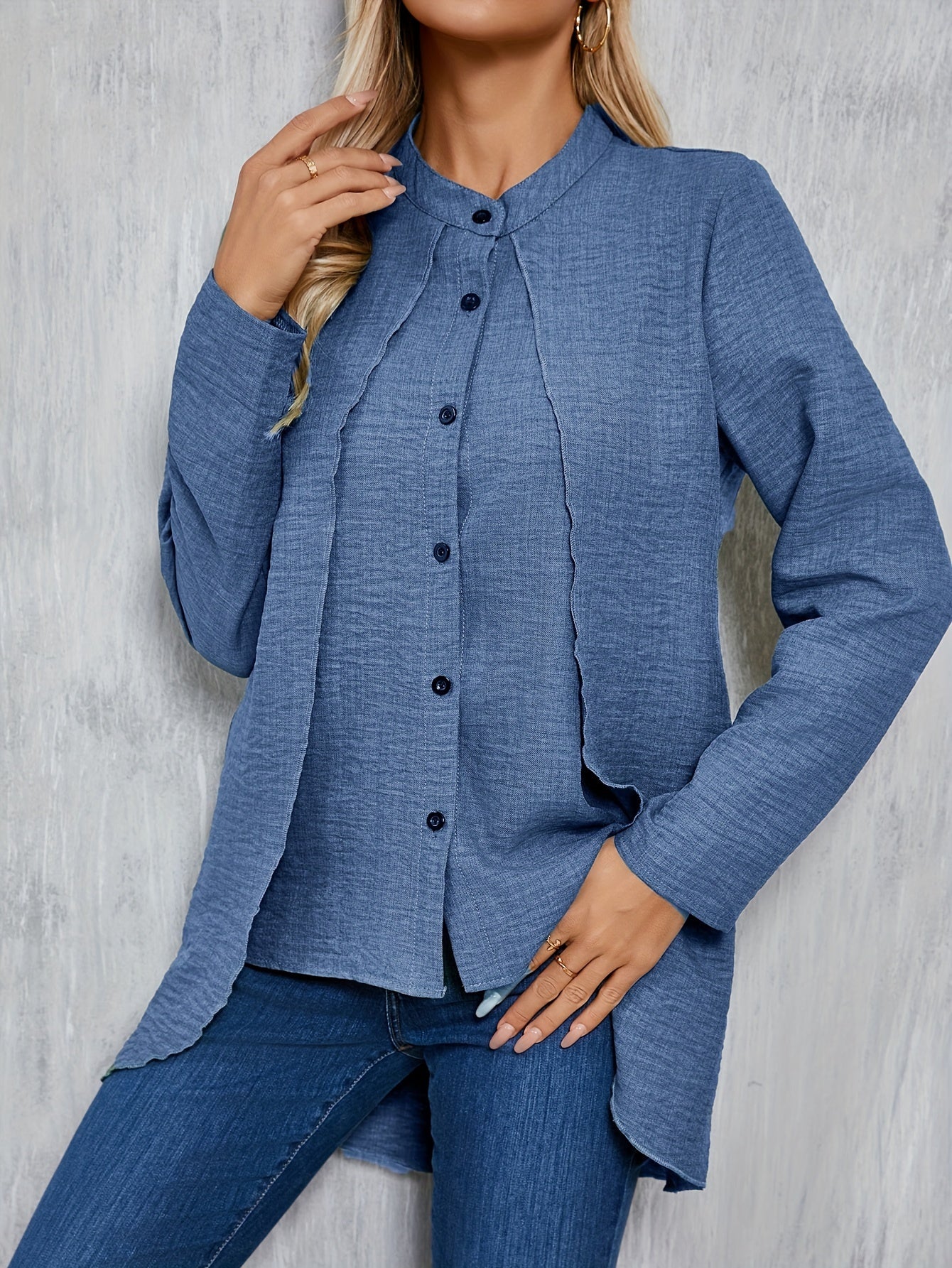 Solid Color Single Breasted Splicing Blouse, Elegant Long Sleeve Layered Blouse For Spring & Fall, Women's Clothing